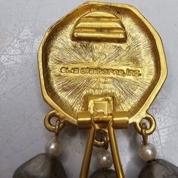 Liz Claiborne Gold tone Dangle Clip-On Earrings Brown Stone, Faux Pearl Grey - Picture 4 of 4